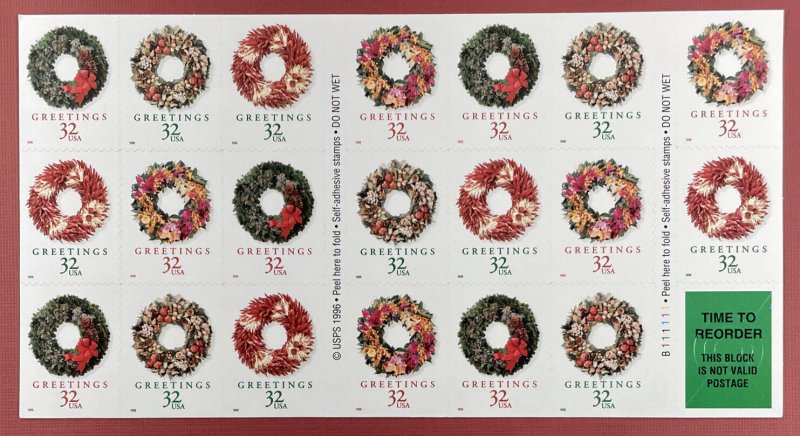 Scott 3249-3252e GREETINGS - WREATHS Booklet Pane of 20 US 32c Stamps MNH 1998