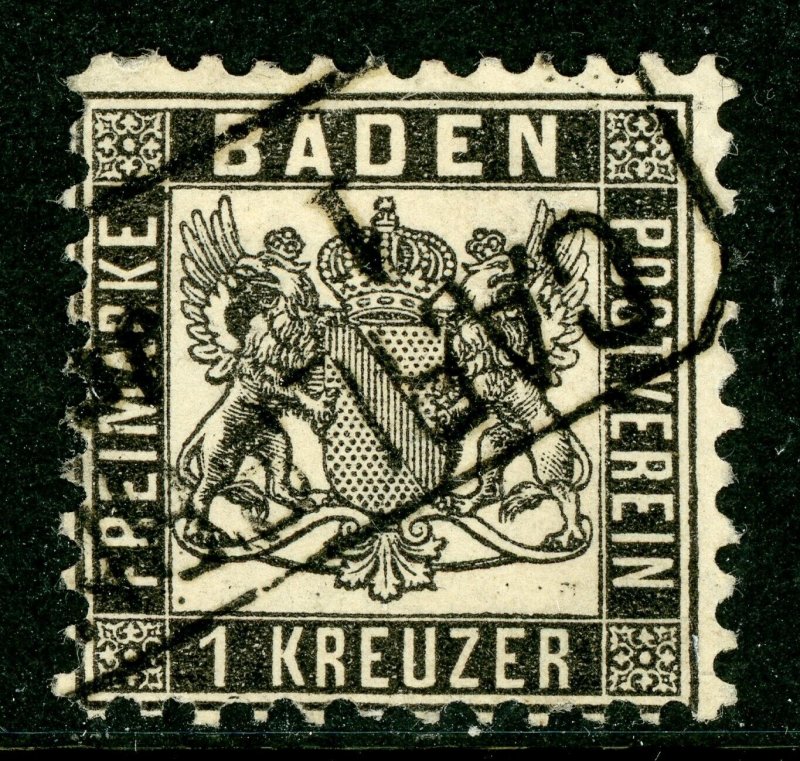 Germany States 1862 Baden 1 Kr Black  Perf 10 Scott #15 VFU G418