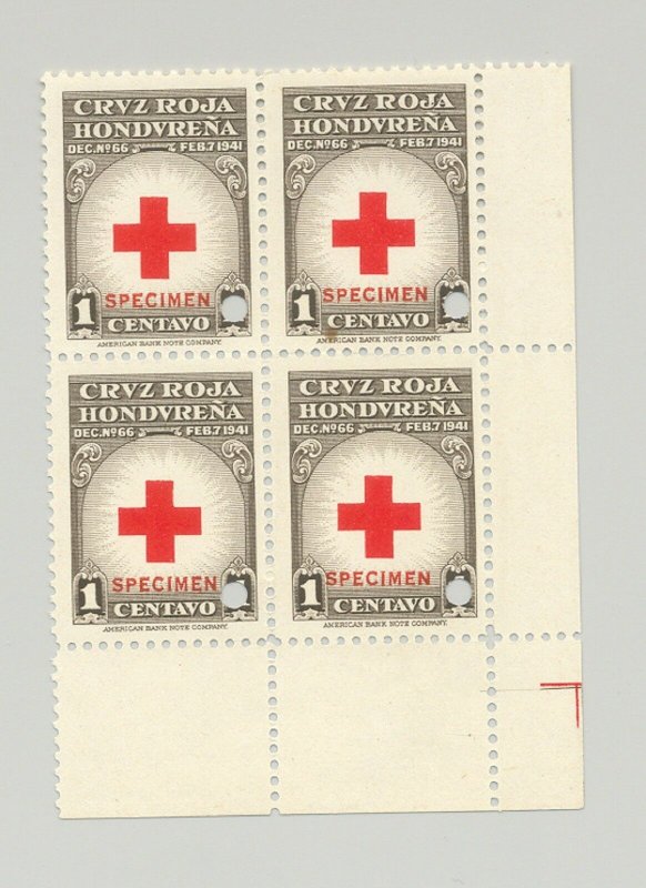 Honduras #RA4 Red Cross 1v Block of 4 Punched & o/p Specimen 