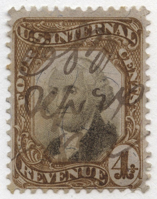 1002 U.S. Revenue Scott R136, 4-cent brown and black, manuscript cancel
