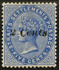 DROPPED C & s in Cents MALAYA STRAITS 1887 QV 2c Opt 5c SG85? High CV MNG M2858