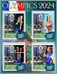 Stamps.  Olympic Games 2024 in Paris Ivory Coast 2 sheet perforated 2022 year