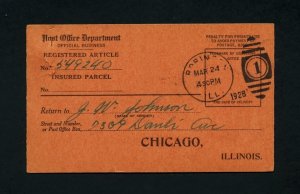 Official Return Reciept card for Registered Article, Robinson, IL - 3-24-1928