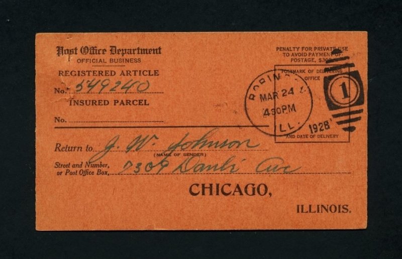 Official Return Reciept card for Registered Article, Robinson, IL - 3-24-1928