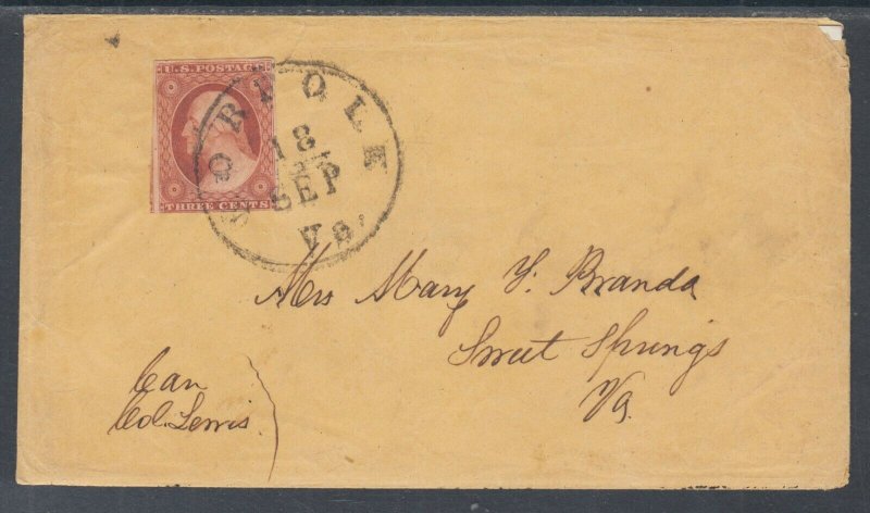 US Sc 10A on cover. 1851-57 3c Washington type II, NORFOLK to SWEET SPRINGS VA  