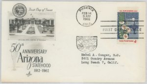 US 1192 1962 Arizona Statehood, typed address, corner crease