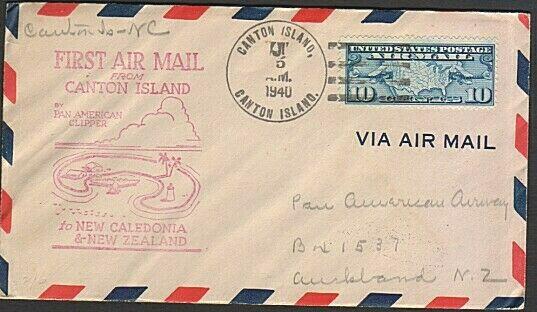 GILBERT & ELLICE IS US PO 1940 first flight cover Canton Is to Noumea......77220