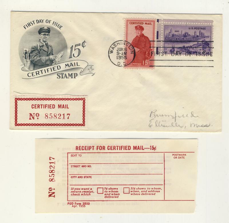 US - 1955 Scott FA1 FDC (+ 994) 15c Certified Mail (+receipt) Art Craft Cachet +