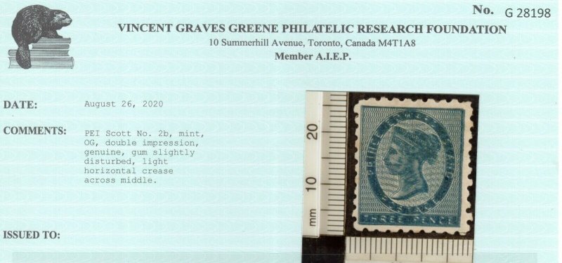 Prince Edward Island #2b Very Fine Mint Double Impression **With Certificate**