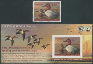 2014, USA HUNTING PERMIT $15 CANVASBACKS, PERF+SELF ADHESIVE, NH, SC.#RW81