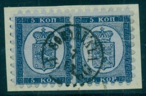 FINLAND #4  5kop dark blue, Roul I pair on piece by Sordavala cds, perfect teeth