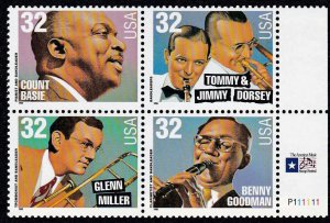 1996 Big Band Leaders Plate Block Of 4 32c Postage Stamps, Sc#3096-3099, MNH, OG