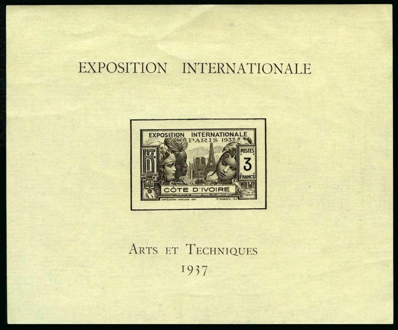 Ivory Coast 152-157,158,MNH.Mi 153-158,Bl.1. Colonial Art Exposition,Paris 1937.