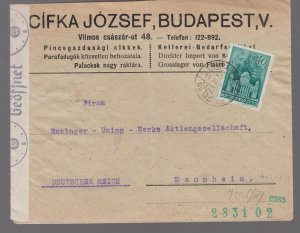 1941 censored Hungary airmail Cover to Mannheim Germany Enzinger Union Werk
