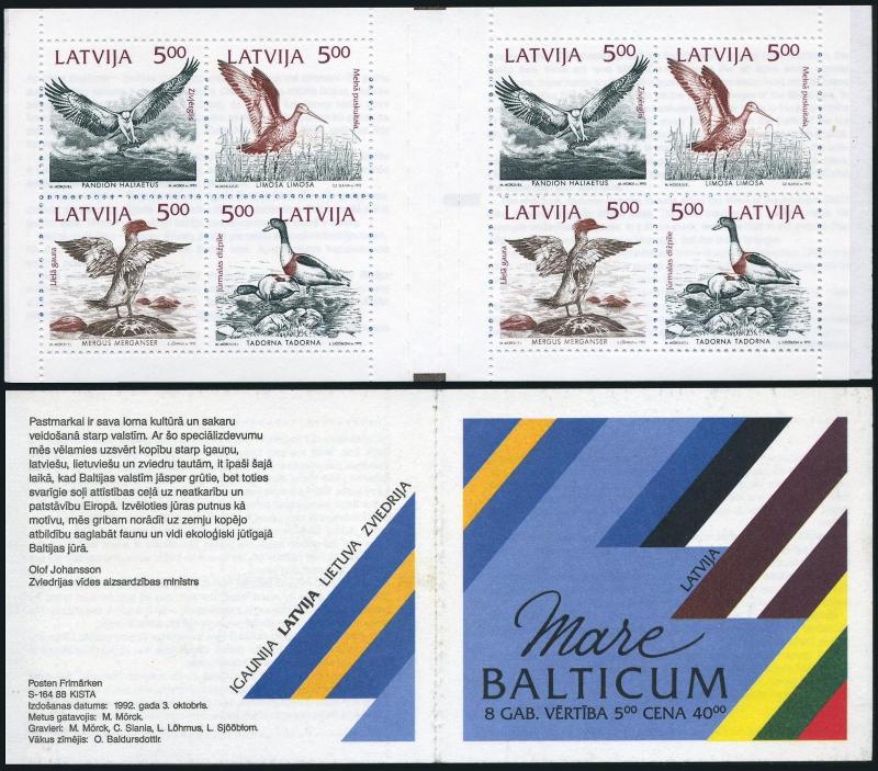 Latvia 332-335a booklet,MNH.Michel 340-343 MH 1. Birds of Baltic shores,1992.