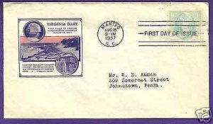 796  VIRGINIA DARE 5c 1937 MANTEO, N.C., IOOR FIRST DAY COVER.