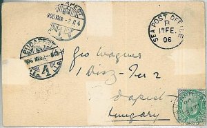 28267 - PAQUEBOT - INDIA-POSTAL HISTORY:COVER to BUDAPEST:SEA POST OFFICE 1906-