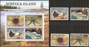 Norfolk Island 1986 Marine Life Fishes Sea Stars set of 4 + S/S MNH