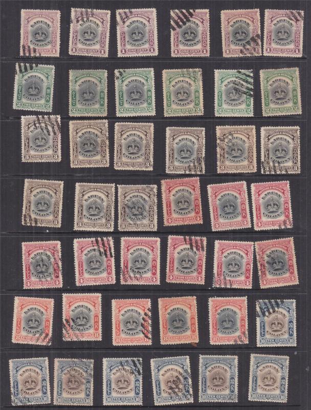 LABUAN, 1902 Arms, Huge Hoard, mainly Bars cancel. (90)