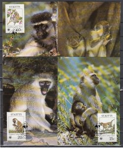 St. Kitts, Scott cat. 189-192. Green Monkey-W.W.F. issue. Max. Cards. ^