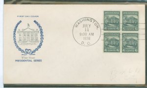 US 809 1938 4.5c White House (part of the Presidential - Prexy Series) block of four/on an addressed (pencil) FDC with a Fidelit