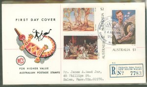 Australia  573/574/576 1974 paintings x3 high value definitives on a cacheted FDC sent to the USA