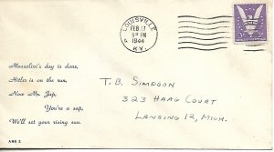 WW Two Patriotic Cover Mussolini's Day is done PM Louisville KY Feb 17 1944