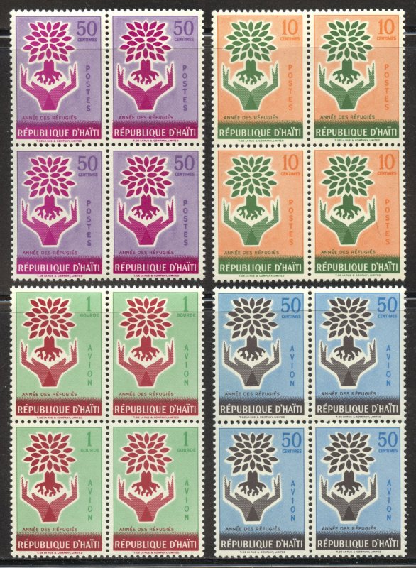 Haiti Scott 452-53,C151-52 MNHOG Blocks of 4 - 1960 World Refugee Year Set