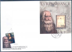 TOGO 2013 RENAISSANCE ART LEONARDO DAVINCI  SOUVENIR SHEET MINT FDC