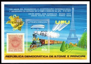 Sao Tome & Principe 1978 Mi#Bl.17B LOCOMOTIVE-ZEPPELIN UPU CENTENARY S/S IMPERF.