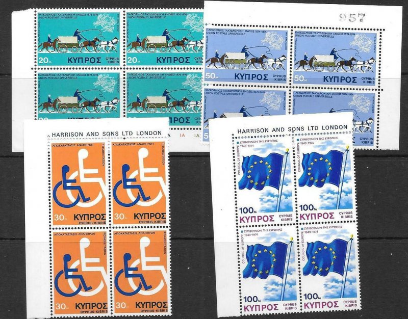 CYPRUS SG439/42 1975 ANNIVERSARIES & EVENTS IN BLOCKS OF 4 MNH