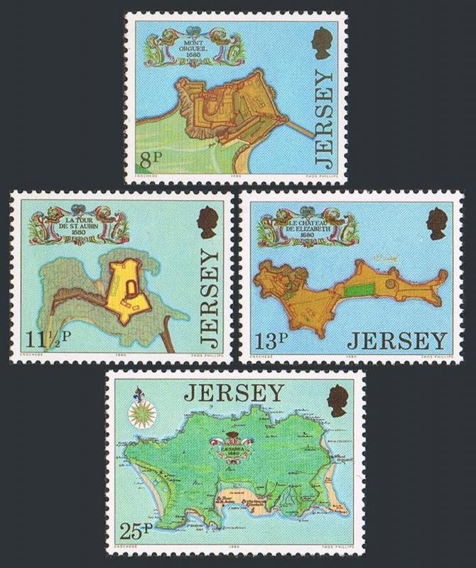 Jersey 222-225,MNH.Michel 212-215. Fortresses 300th Ann.1980.Map