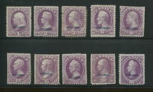 1875 US Department of Justice Specimen Stamps #O25SD-O34SD Mint No Gum Set