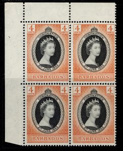 BARBADOS QEII SG302, 1953 4c Coronation, marginal BLOCK x4, NH MINT.
