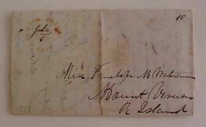 US  UNLISTED MASSACHUSSETS 1838 NEWTON CENTRE RED 25mm TO SCARCE MT. VERNON R.I. 