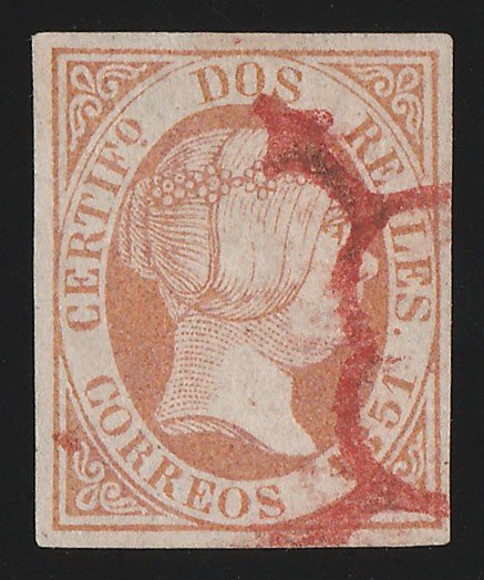 SPAIN : 1851 Queen 2R red. Edifil 8 cat €16,000 for black cancel. Certificate.