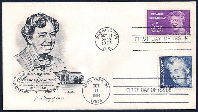 UNITED STATES FDC 5Â¢ Eleanor Roosevelt DUAL 1984 Artmaster