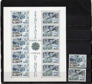 MONACO 1991 SPACE SET OF 2 STAMPS & SHEET OF 10 STAMPS MNH