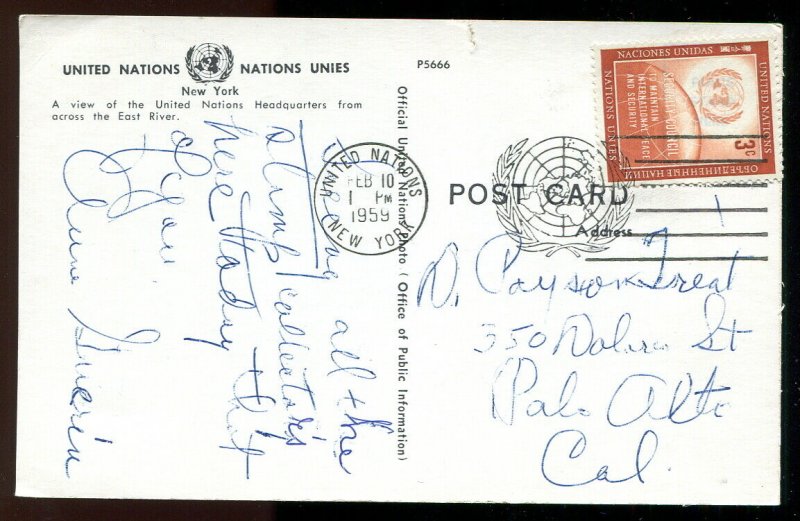 3991 - UNITED NATIONS New York - 1959 Cancel on UN Tower & Skyline Postcard