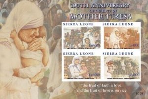 Sierra Leone - Mother Teresa 100th Birthday Stamp - Sheet of 4 MNH