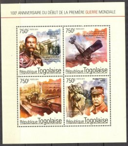 Togo 2014 Military 100 Years of Beginning of WWI Aviation Ships Sheet MNH