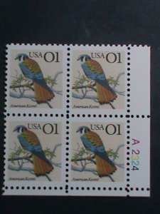 ​UNITED STATES-19905-SC#2476 AMERICAN KESTREL BIRD MNH PLATE BLOCK OF 4 VF