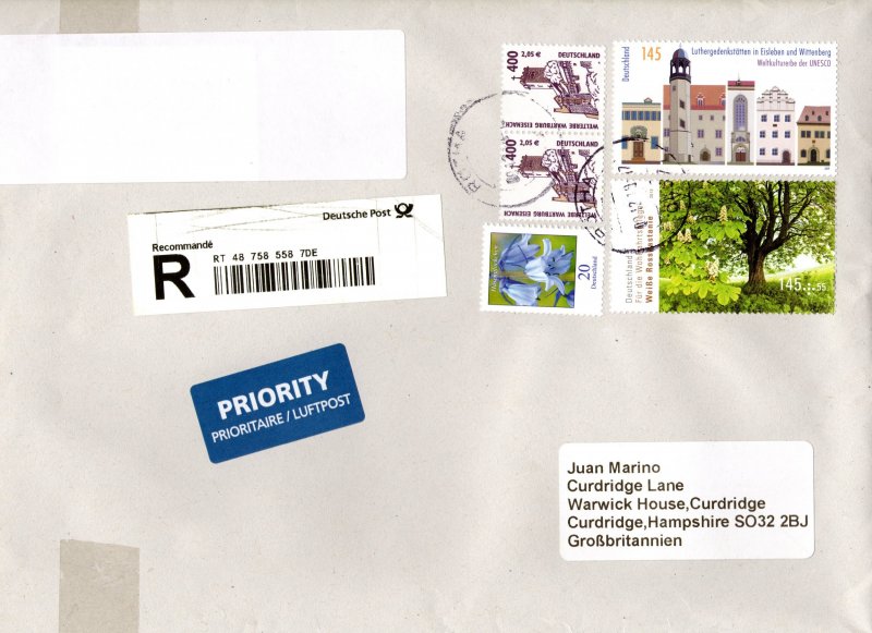 Germany 2019  Registered Letter to UK with Sc#B1073/2530 Postal History