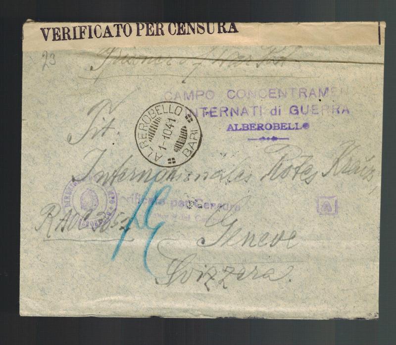 1941 Alberobello Italy Concentration Camp Cover to Red Cross Switzerland