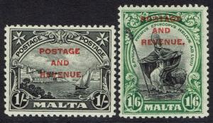 MALTA 1928 PICTORIAL OVERPRINTED POSTAGE AND REVENUE 1/- AND 1/6