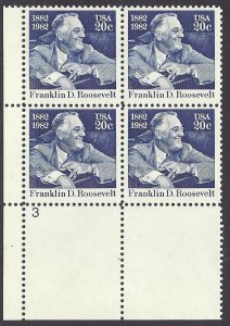 1982 Franklin D Roosevelt Plate Block Of 4 20c Postage Stamps, Sc# 1950, MNH, OG