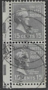 US #820  Used corner pair.  James Buchanan.  Nice