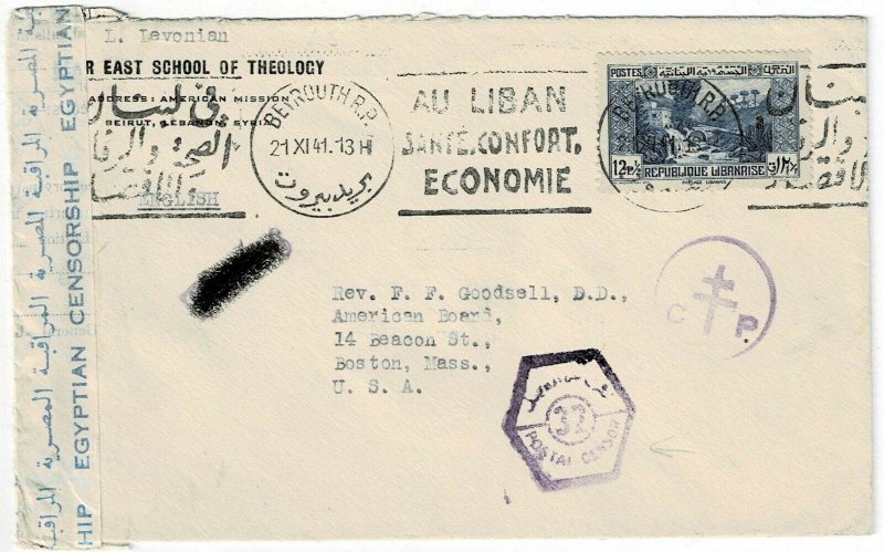 Lebanon 1941 Beyrouth cancel on cover to the U.S., censored twice