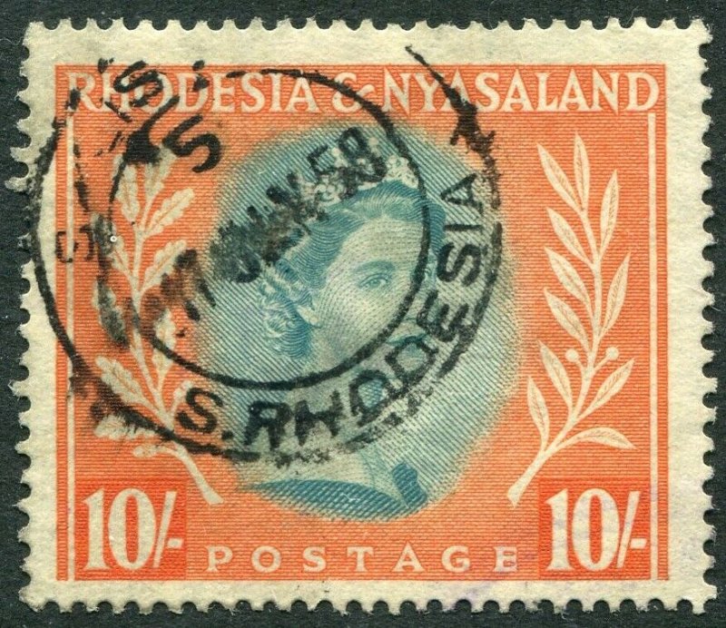 RHODESIA & NYASALAND-1954-56 10/- Dull Blue-Green & Orange Sg 14 GU V42809