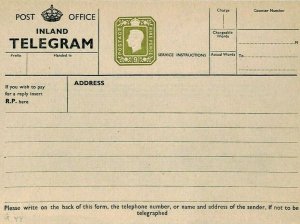 GB GPO TELEGRAM FORM Stamped 9d KGVI Die Postal Stationery TP27 1940 E72a